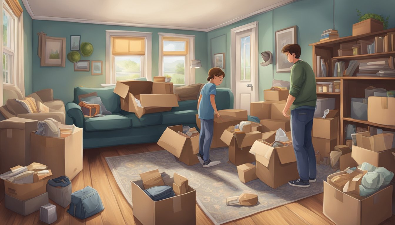 A family's packed belongings fill a moving truck, surrounded by empty rooms and a bittersweet farewell to their old home