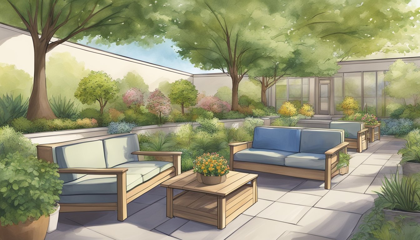 A serene garden with accessible paths, raised planters, and comfortable seating areas. A variety of sensory plants and calming elements create a peaceful environment for seniors