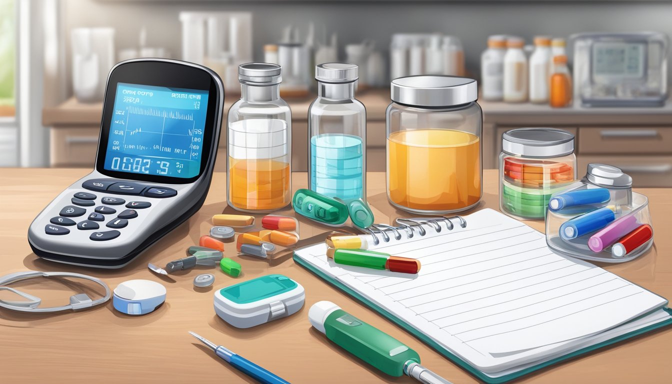 A cluttered kitchen counter with a blood glucose monitor, insulin vials, and a medication organizer. A notebook with blood sugar readings and a phone with emergency contacts