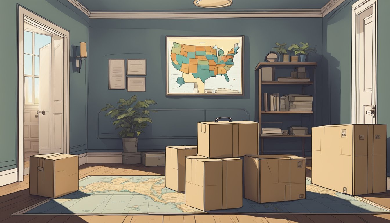 Moving boxes stacked in a dimly lit room, with a map of the United States on the wall and a single suitcase packed and ready by the door