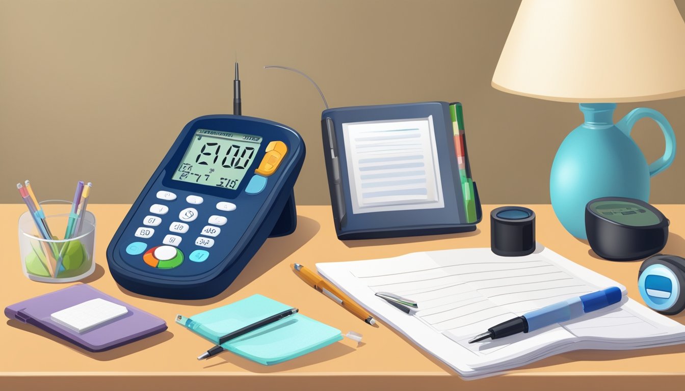 A small table with a blood glucose monitor, lancet device, test strips, and a notebook for recording readings in a cozy home setting