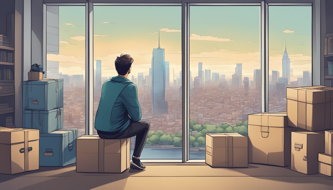 A person sitting on a suitcase surrounded by boxes, looking out a window at a new city skyline