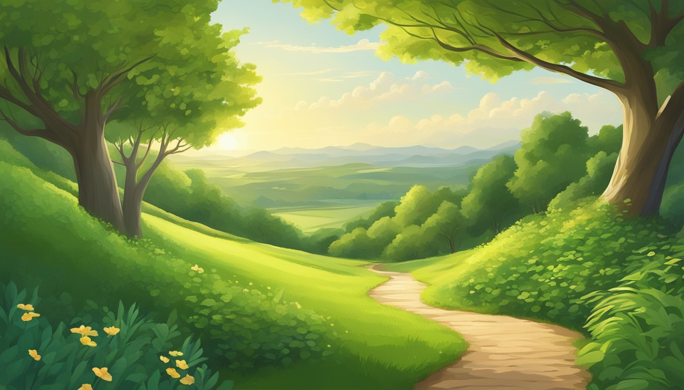 A winding path through a lush, green landscape, leading towards a tranquil, sunlit horizon