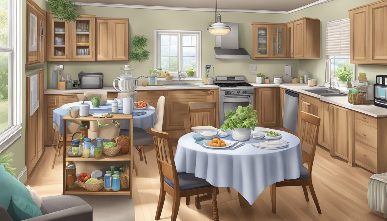 A home-based elder care setting with a focus on diabetes management; including healthy meal preparation, exercise equipment, and medication organization