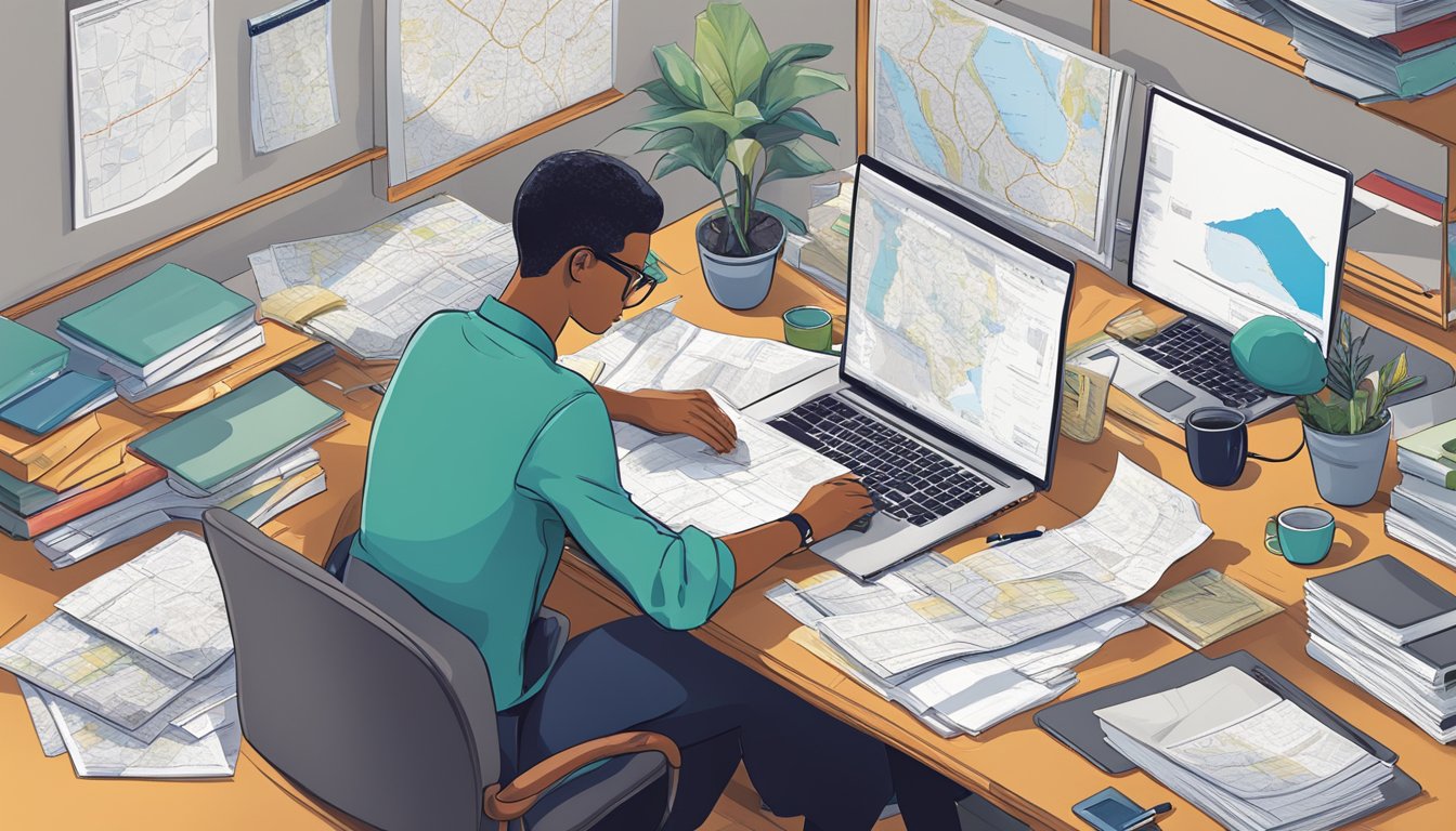 A person at a desk surrounded by maps, a laptop, and various documents, researching their new state before moving