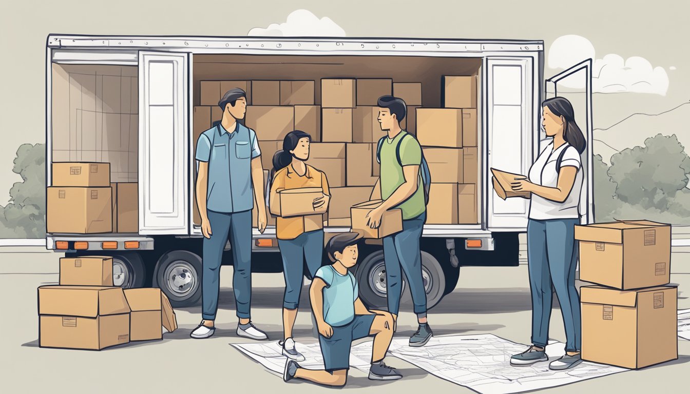 A family standing in front of a moving truck, packing boxes, and furniture. A map of the United States with a highlighted route. Calculator and budget spreadsheet on a table