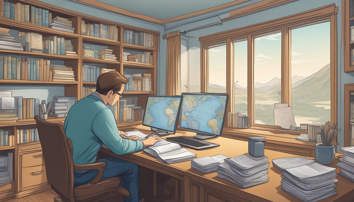 A person researching state laws and documents using a computer and legal books in a quiet, organized home office with a map of the United States on the wall