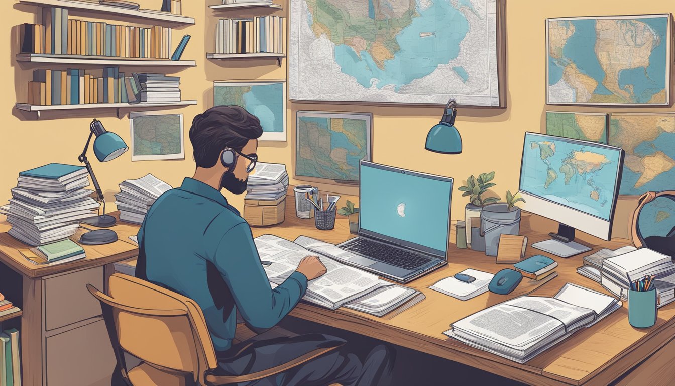 A person sitting at a desk surrounded by maps, books, and a laptop, researching their new state before moving