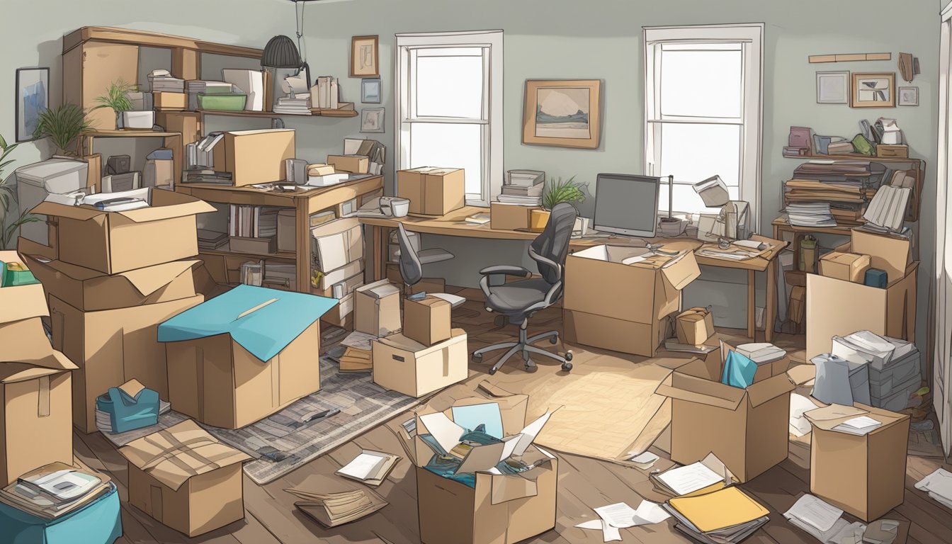 A cluttered room with boxes, furniture, and belongings scattered everywhere. A clear path is being created as items are sorted and organized for the move