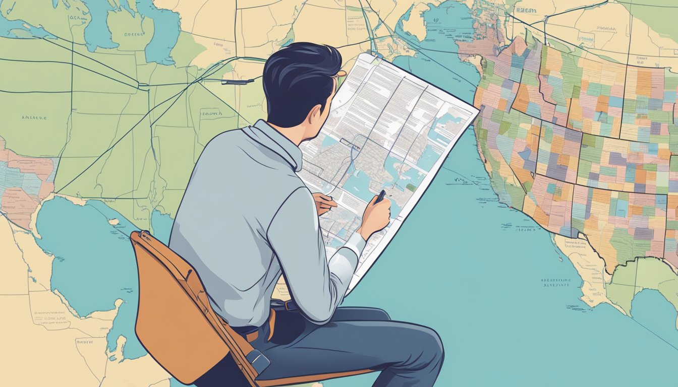 A person researching job opportunities while looking at a map of the United States and browsing online job listings