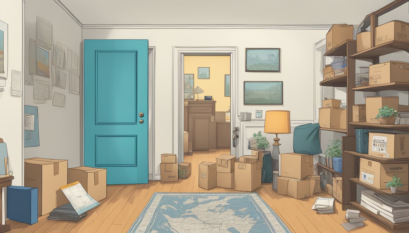 A cluttered room with boxes and furniture, a clear path leading to the door. A map of the United States on the wall, indicating a long-distance move