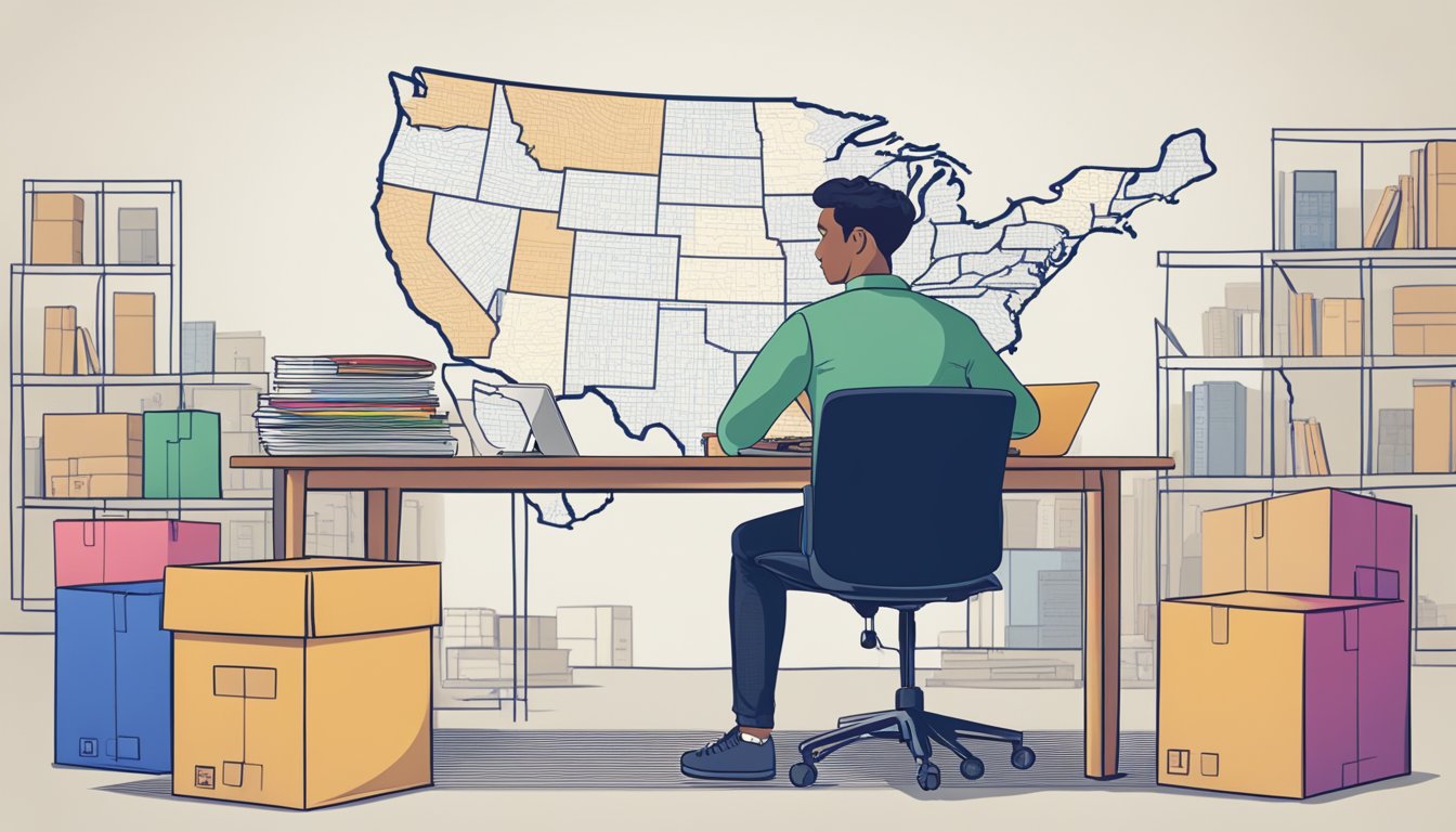 A person sitting at a desk with a map of the United States, a laptop, and a notebook, surrounded by boxes labeled with different states