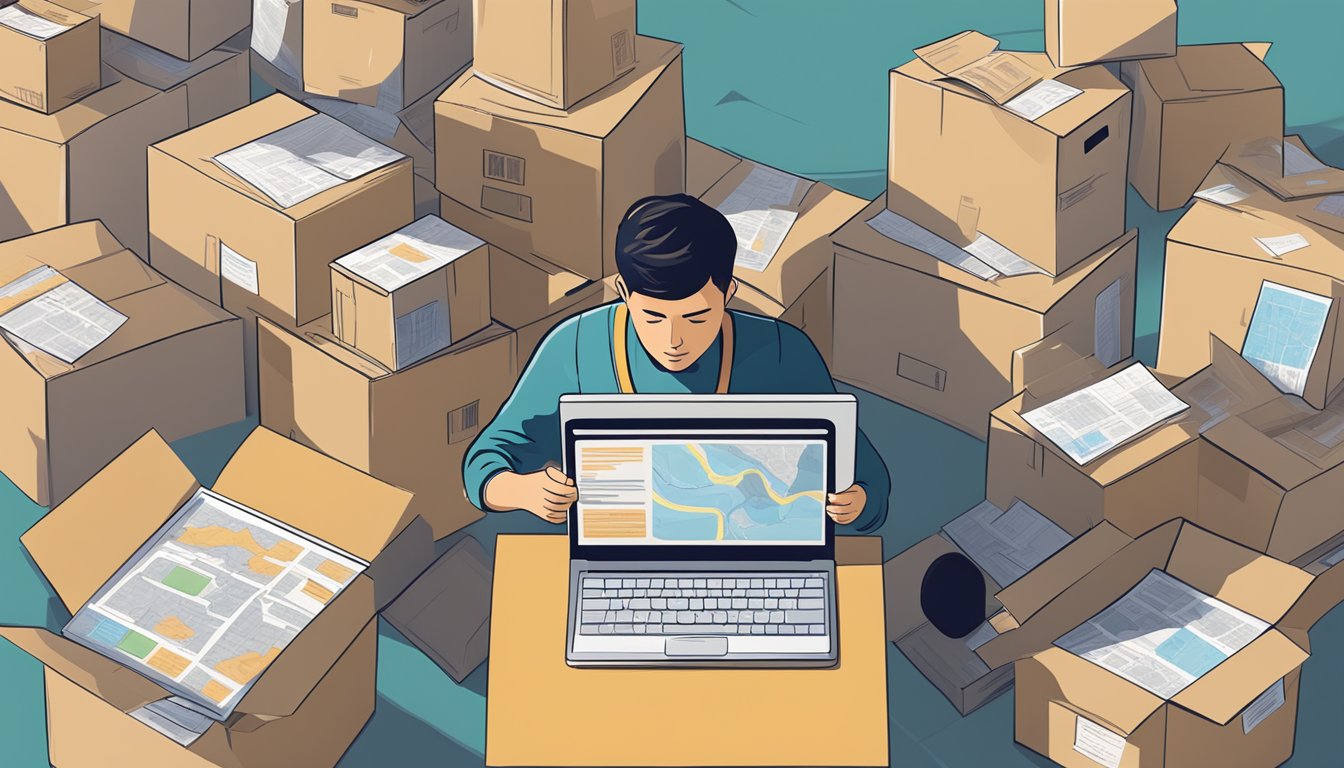 A person using a laptop surrounded by moving boxes, maps, and job listings