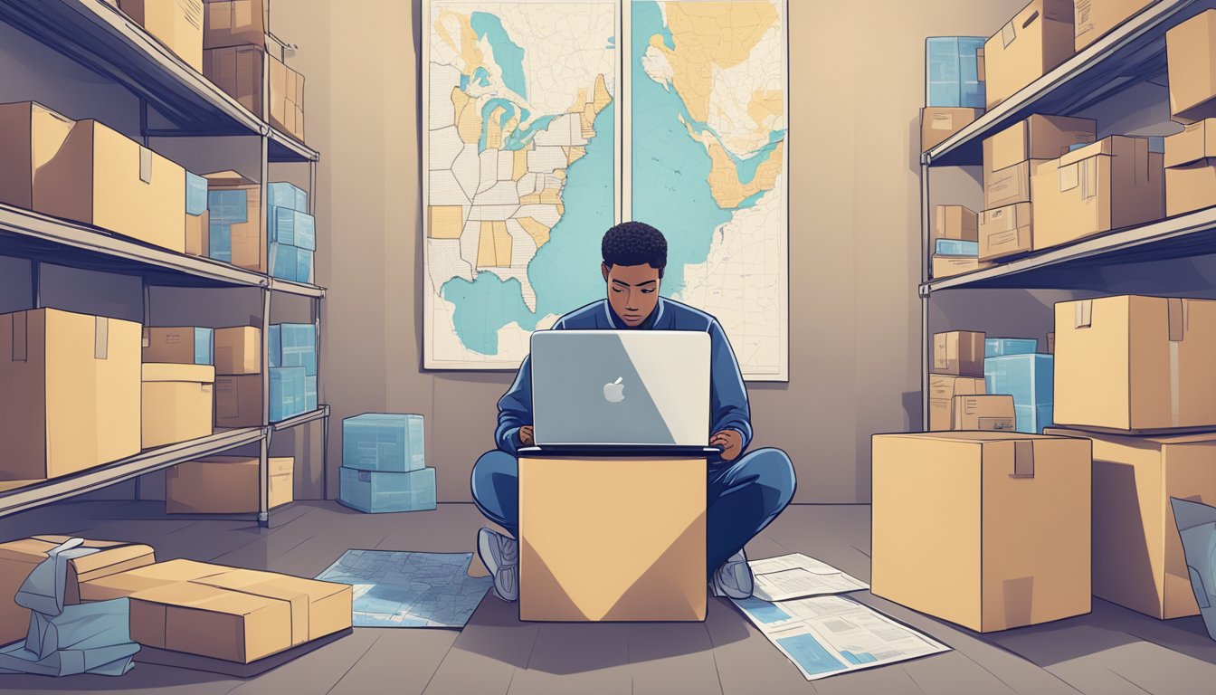 A person surrounded by moving boxes, a map, and a laptop searching for jobs while planning an interstate move