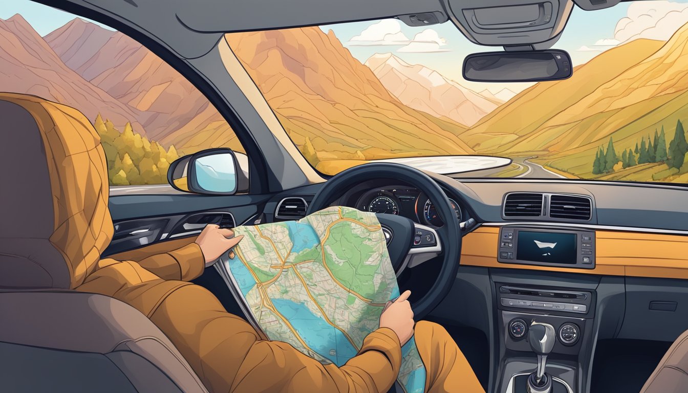 A car driving on a winding road through scenic mountains, with a map and snacks on the dashboard, and a cozy blanket in the backseat