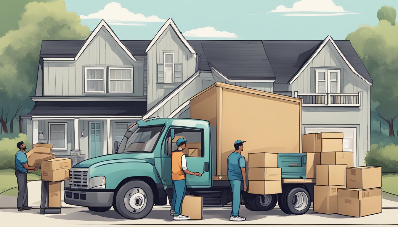 A family home with packed moving boxes, a rental truck, and professional movers loading furniture onto the truck