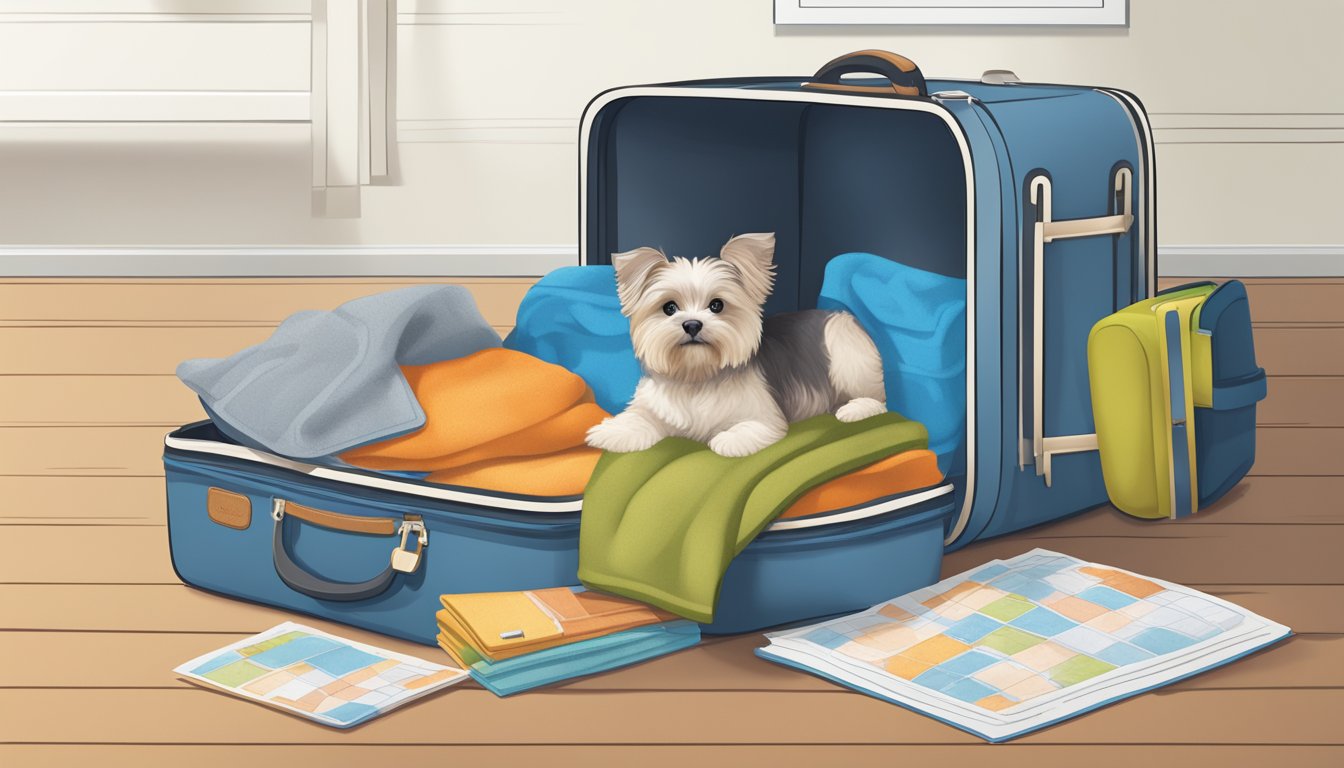 A pet carrier with a water bowl, toy, and blanket sits next to a stack of travel crates. A map and checklist are spread out on a table