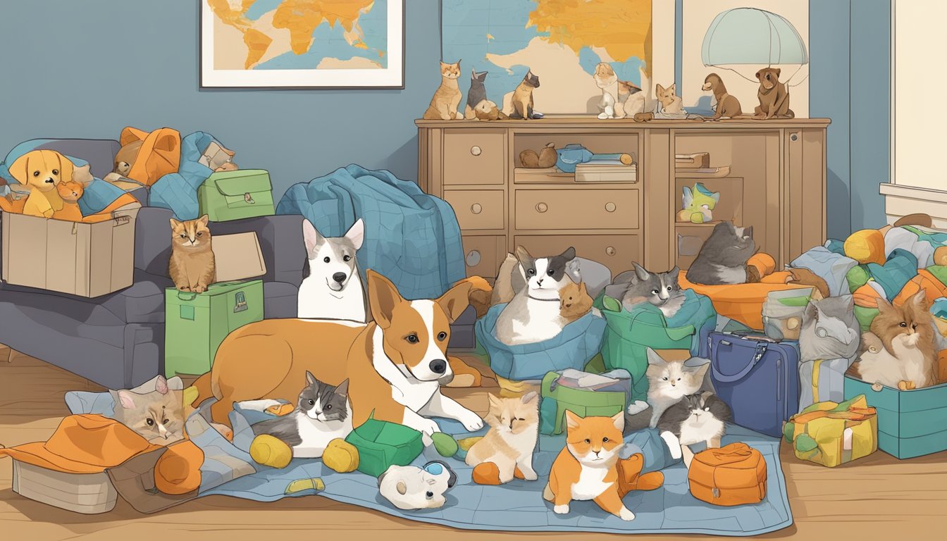 Pets in carriers surrounded by familiar toys and blankets. Boxes and moving supplies scattered around. A map of the interstate route on the wall