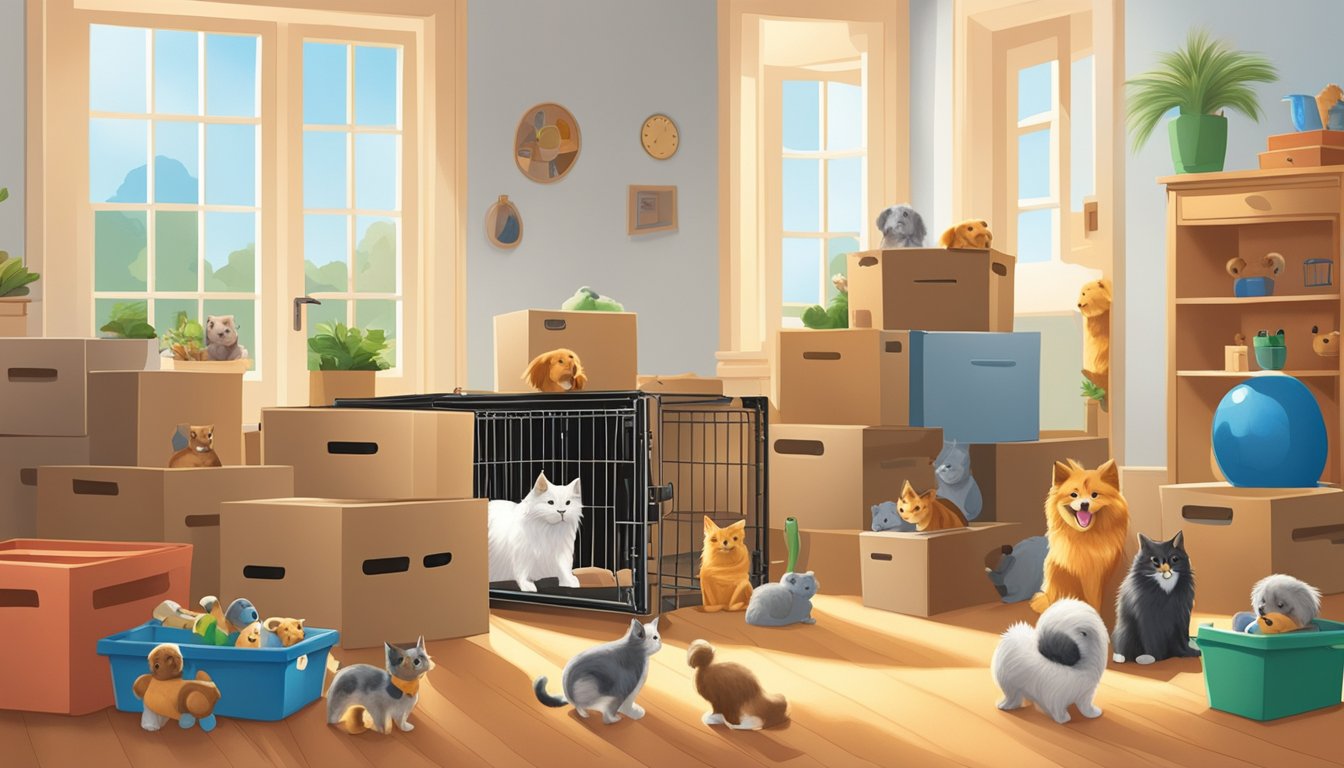 Pets in carriers and crates, surrounded by toys and familiar scents, wait in a sunlit room while movers carry boxes out the door