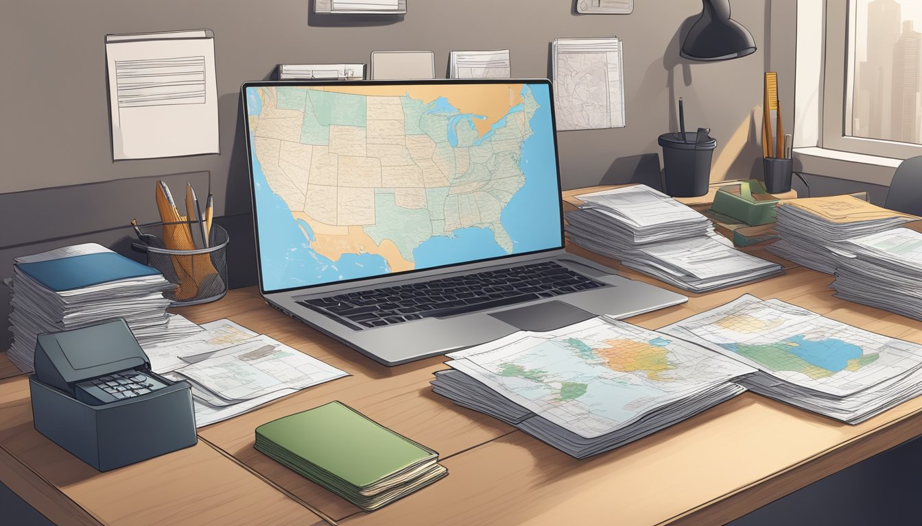 A desk with open folders, a passport, driver's license, and other important documents scattered on the surface. A map of the United States is pinned to the wall