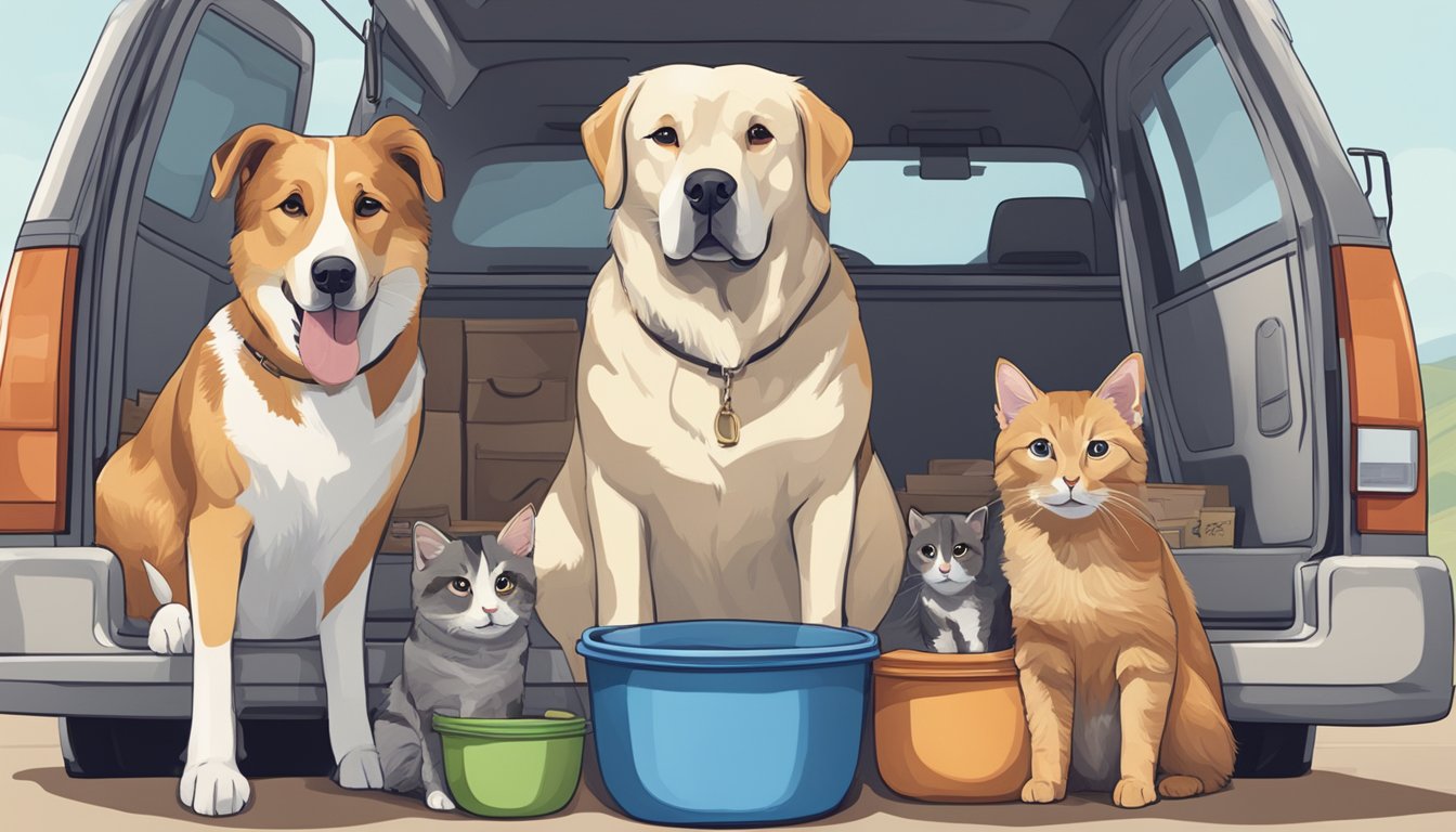 A family of pets sitting in front of a moving truck with labeled pet carriers and bowls of food and water