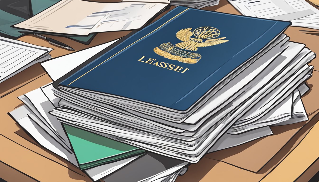 A stack of important documents arranged neatly on a table. Includes IDs, passports, birth certificates, and lease agreements