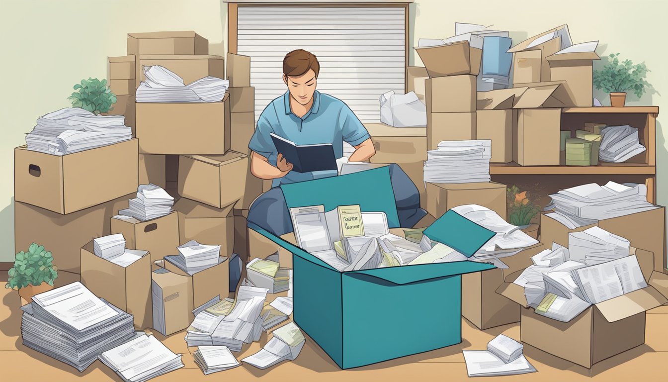 A person unpacks a box labeled "essential documents" in a new home, surrounded by state-specific paperwork and identification cards