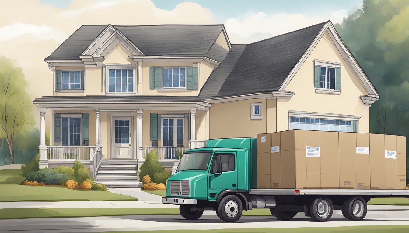 A family home with labeled moving boxes, furniture being wrapped in protective coverings, and a moving truck parked outside