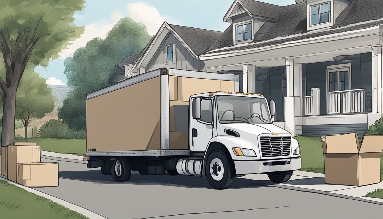 A moving truck loaded with boxes, tape, bubble wrap, and furniture pads parked outside a house with a ramp and dolly nearby