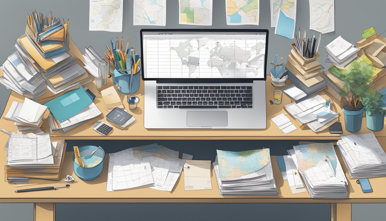 A cluttered desk with scattered papers, calendars, and maps. A clear timeline is being organized with labeled boxes and arrows