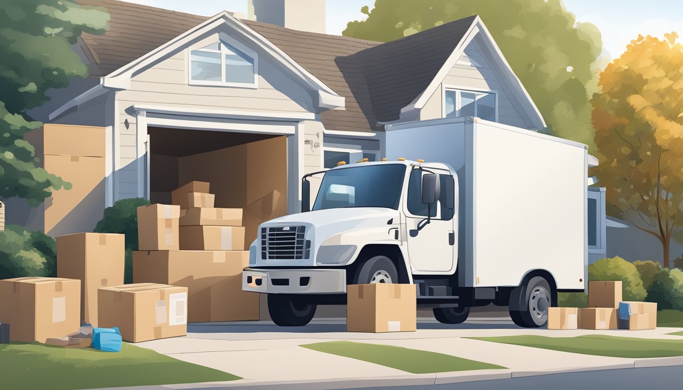 Cardboard boxes being carefully packed with household items, bubble wrap and packing paper scattered around, a moving truck parked outside a suburban home