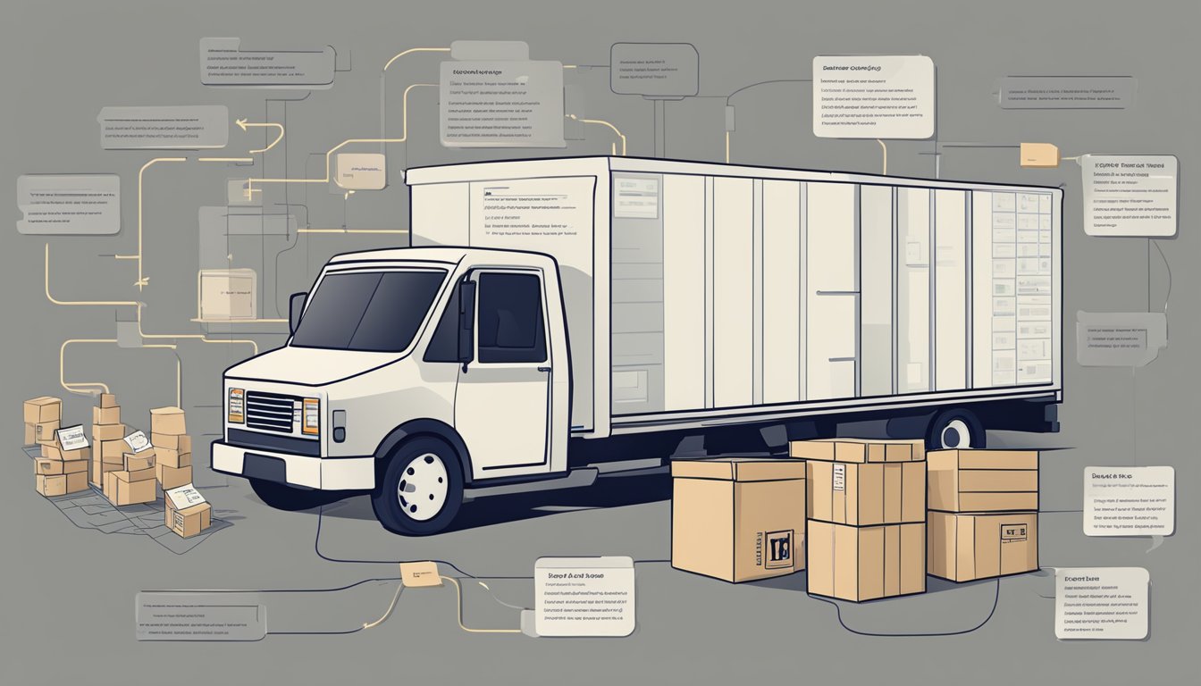 Boxes stacked in a moving truck, labeled and organized. A map with highlighted route and potential stops. Calculator and receipts for budgeting