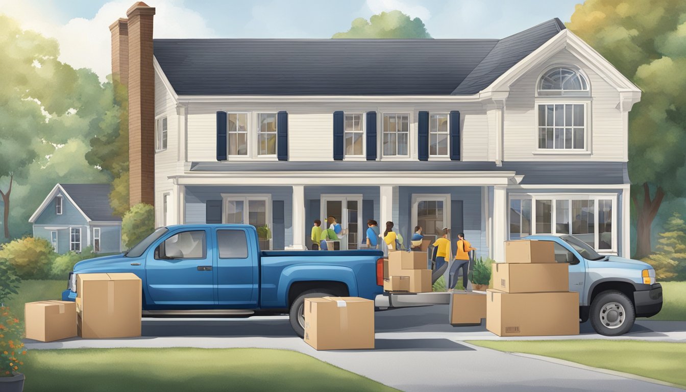 A moving truck parked in front of a house, with boxes and furniture being loaded onto it by a group of people