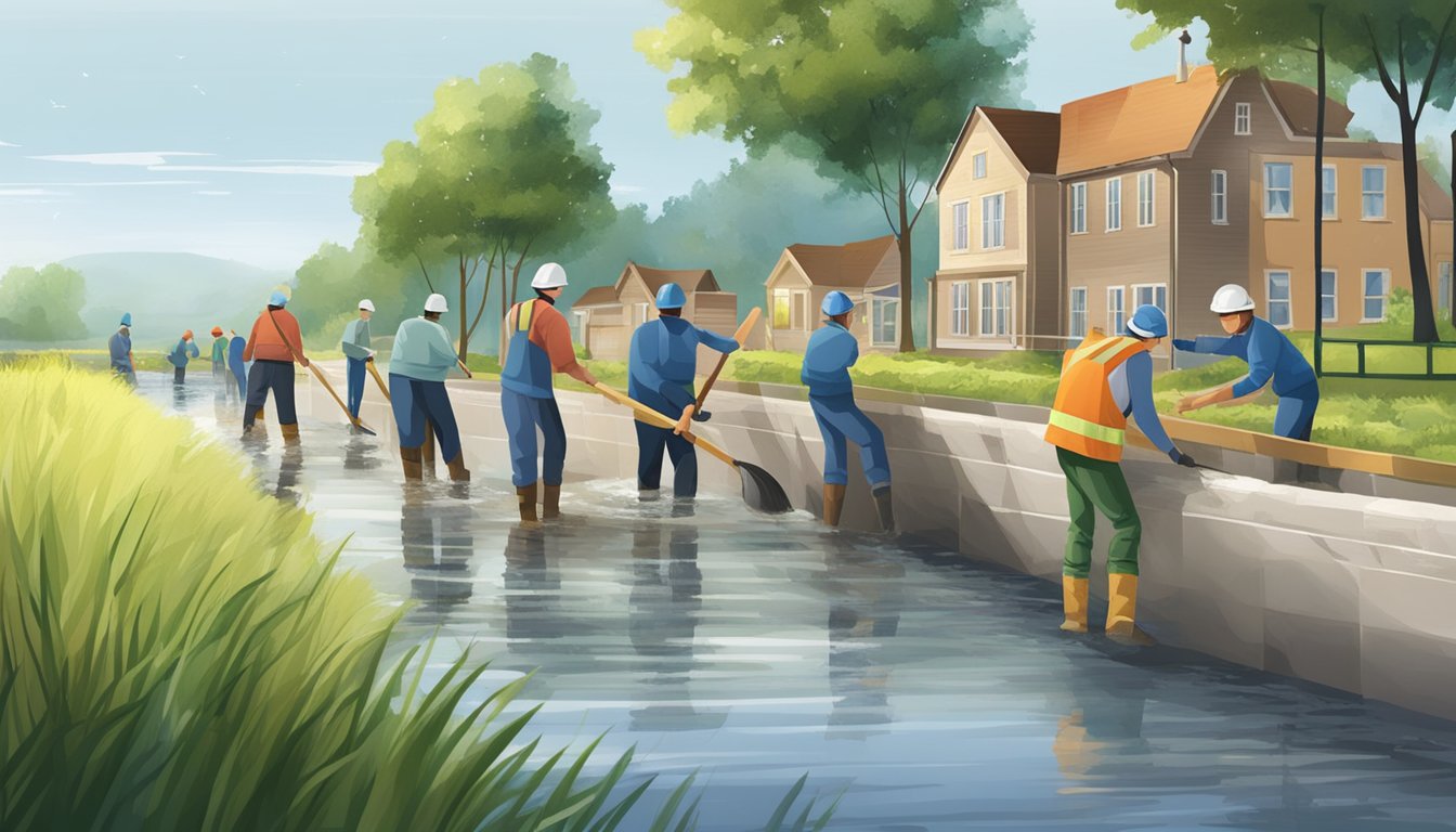 A group of people planting trees and building flood barriers along a river to prepare for extreme weather in a new state