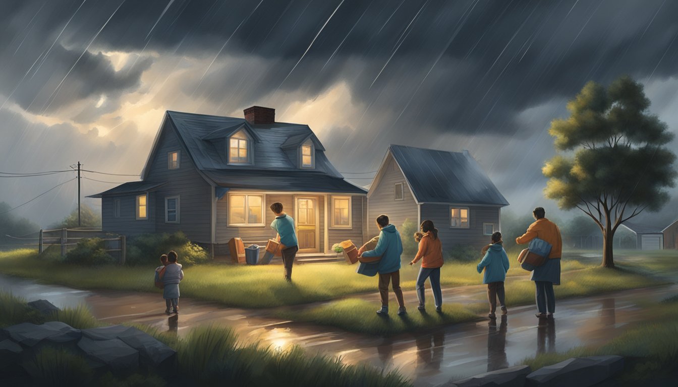 A family gathers emergency supplies as dark clouds loom outside their home, with strong winds and heavy rain approaching