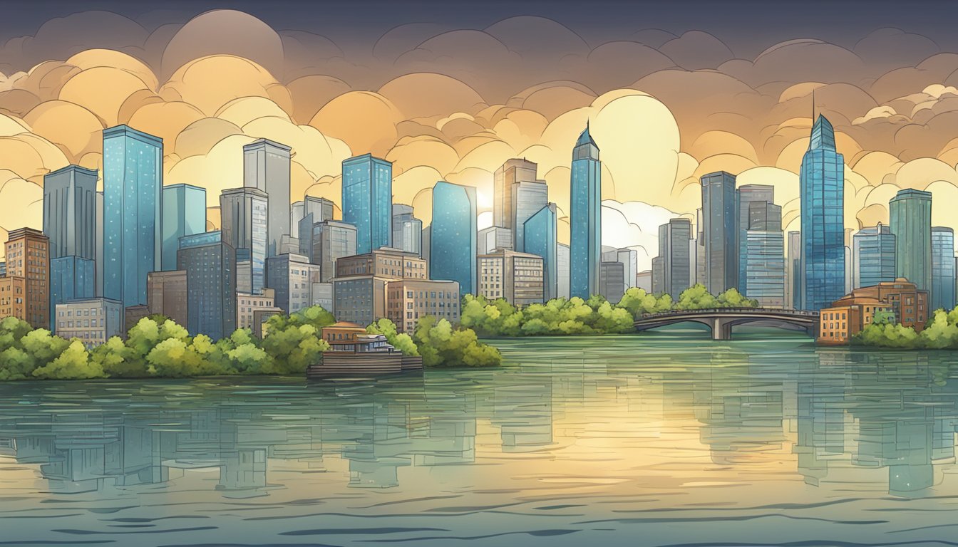 A city skyline with extreme weather, including flooding, drought, and storms. Buildings and infrastructure are affected by the changing climate