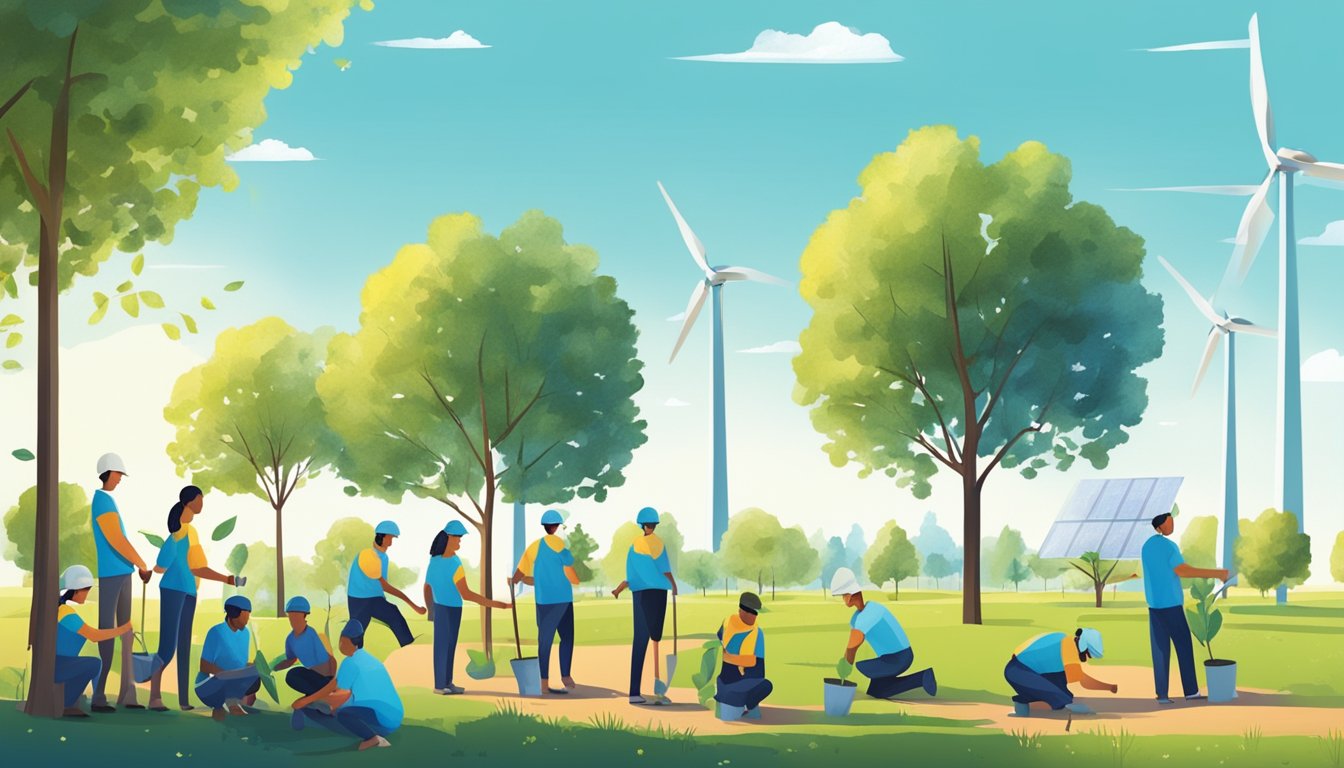 A group of people planting trees and installing solar panels in a community park, with a clear blue sky and wind turbines in the background