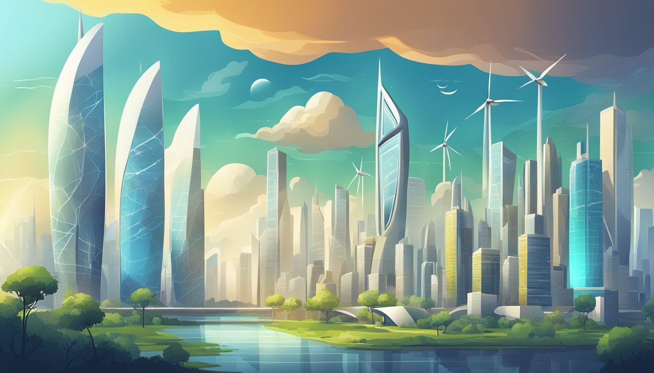 A futuristic city skyline with renewable energy sources and advanced weather prediction technology