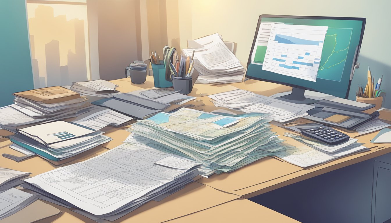 A desk cluttered with legal and financial documents, a map showing two states, and a calculator surrounded by tax forms