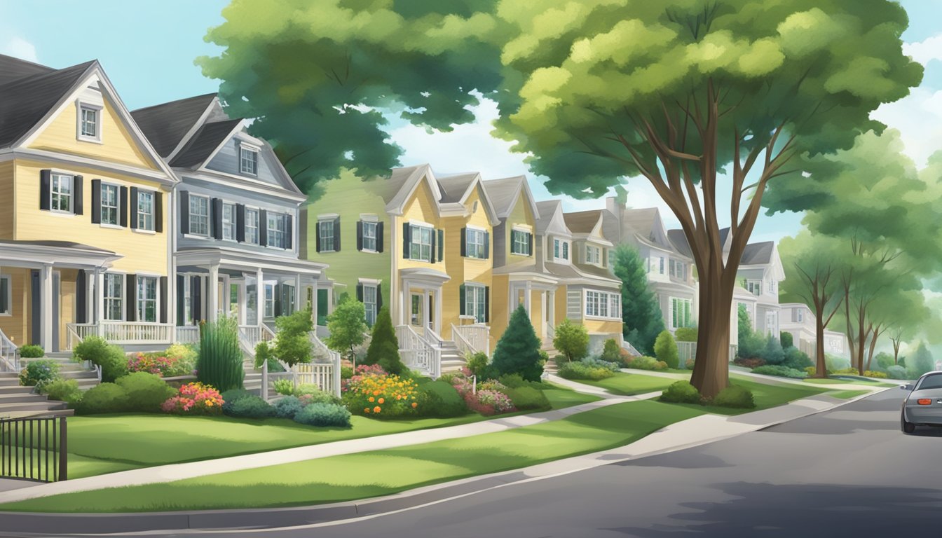 A peaceful suburban street with well-maintained homes, green parks, and friendly neighbors