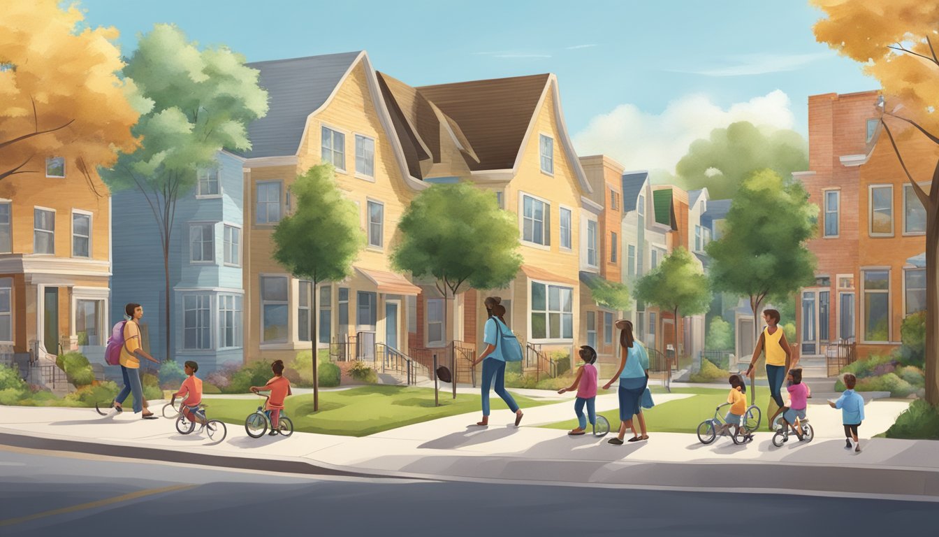 A family exploring a diverse neighborhood with parks, schools, and local businesses, surrounded by friendly neighbors and a strong sense of community