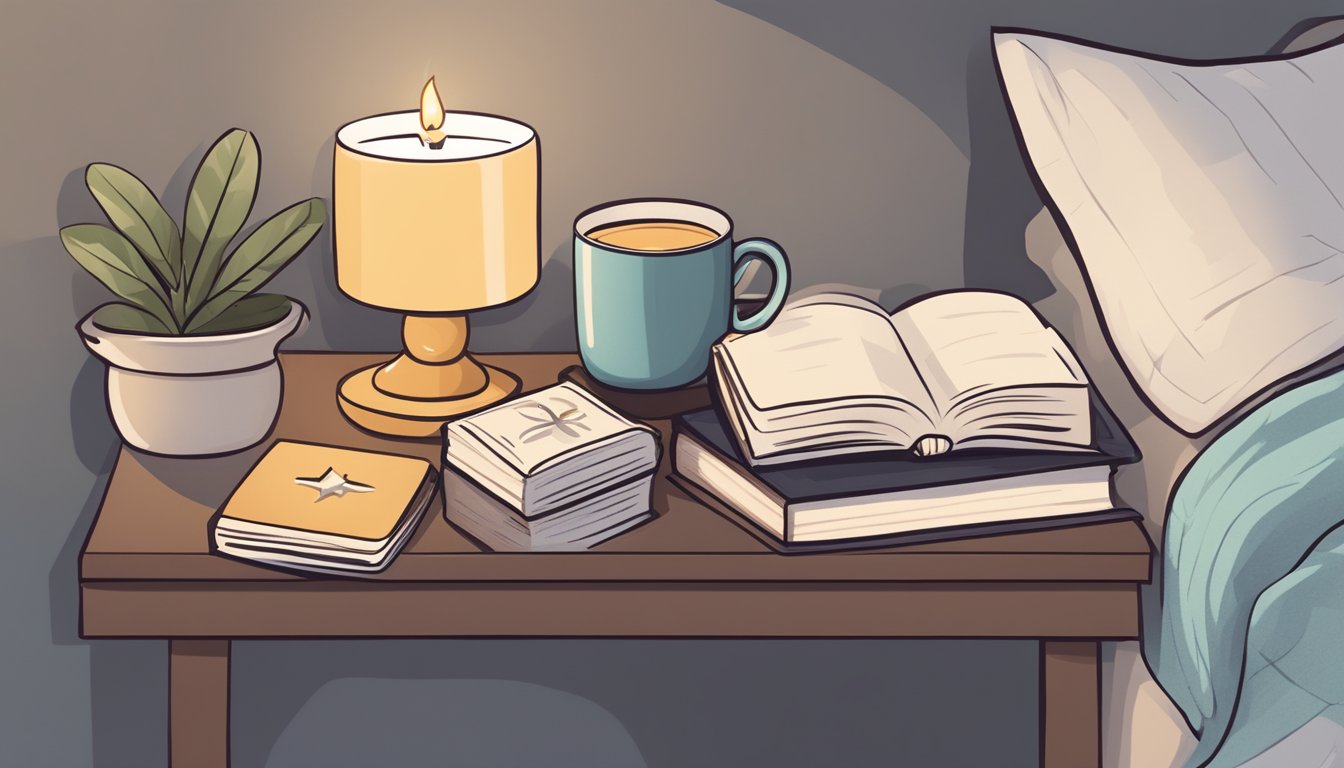 A cozy blanket, a scented candle, a book, and a mug of tea sit on a bedside table beside a neatly packed box