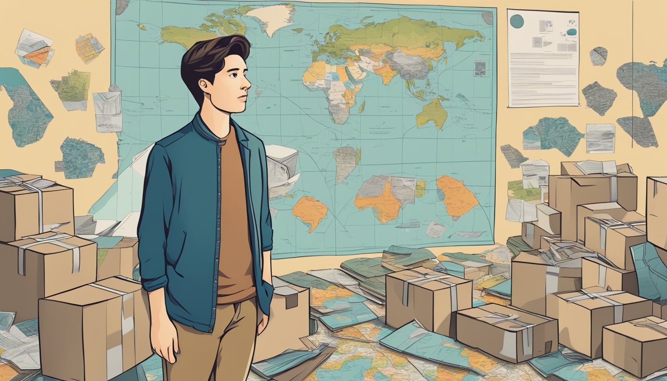 A person standing in front of a map, surrounded by moving boxes and unfamiliar objects, with a look of uncertainty and confusion on their face