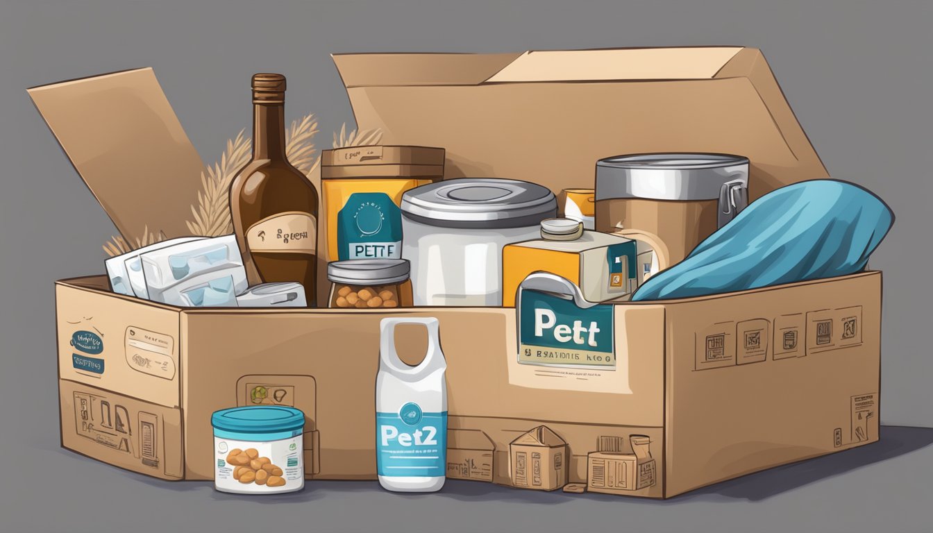 A cardboard box filled with essential items for the first night in a new home: pet food, dishes, family photos, toiletries, and a cozy blanket