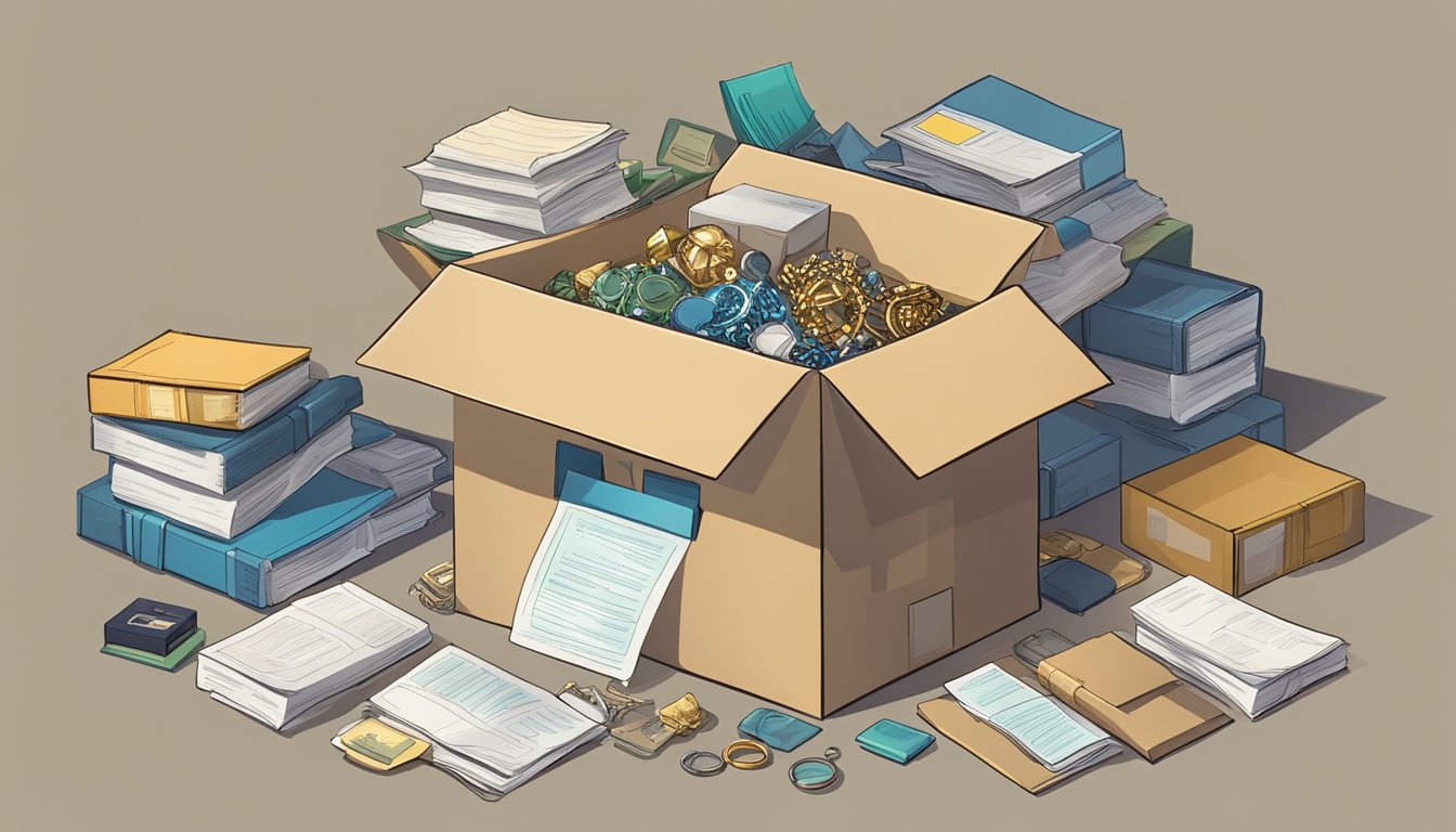 A cardboard box filled with important documents, jewelry, and other valuables, surrounded by packing materials and labeled "First-Night Box."