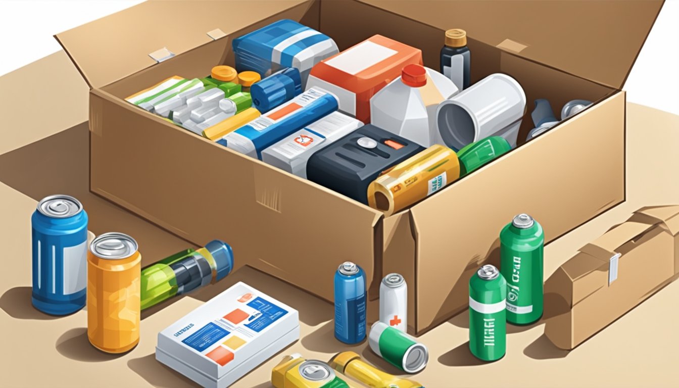 A cardboard box filled with flashlight, batteries, first aid kit, water bottles, non-perishable food, and important documents