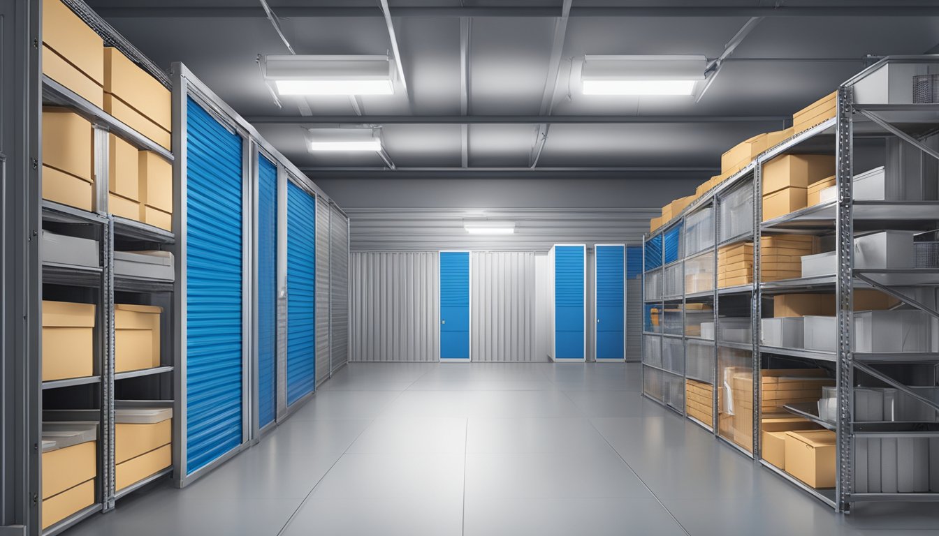 A climate-controlled storage unit with temperature and humidity control, surrounded by regular storage units