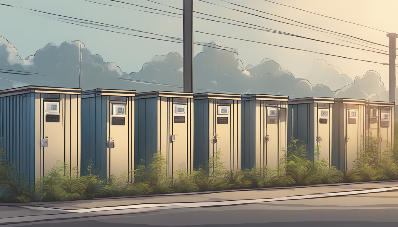 A row of self-storage units with electric meters spinning rapidly, surrounded by wilting plants and polluted air