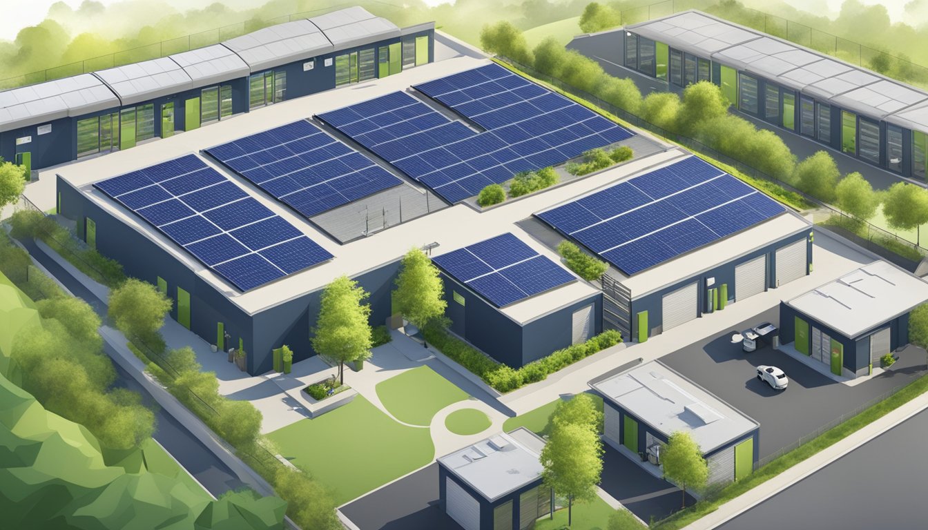 A self-storage facility surrounded by solar panels, rainwater collection systems, and green landscaping