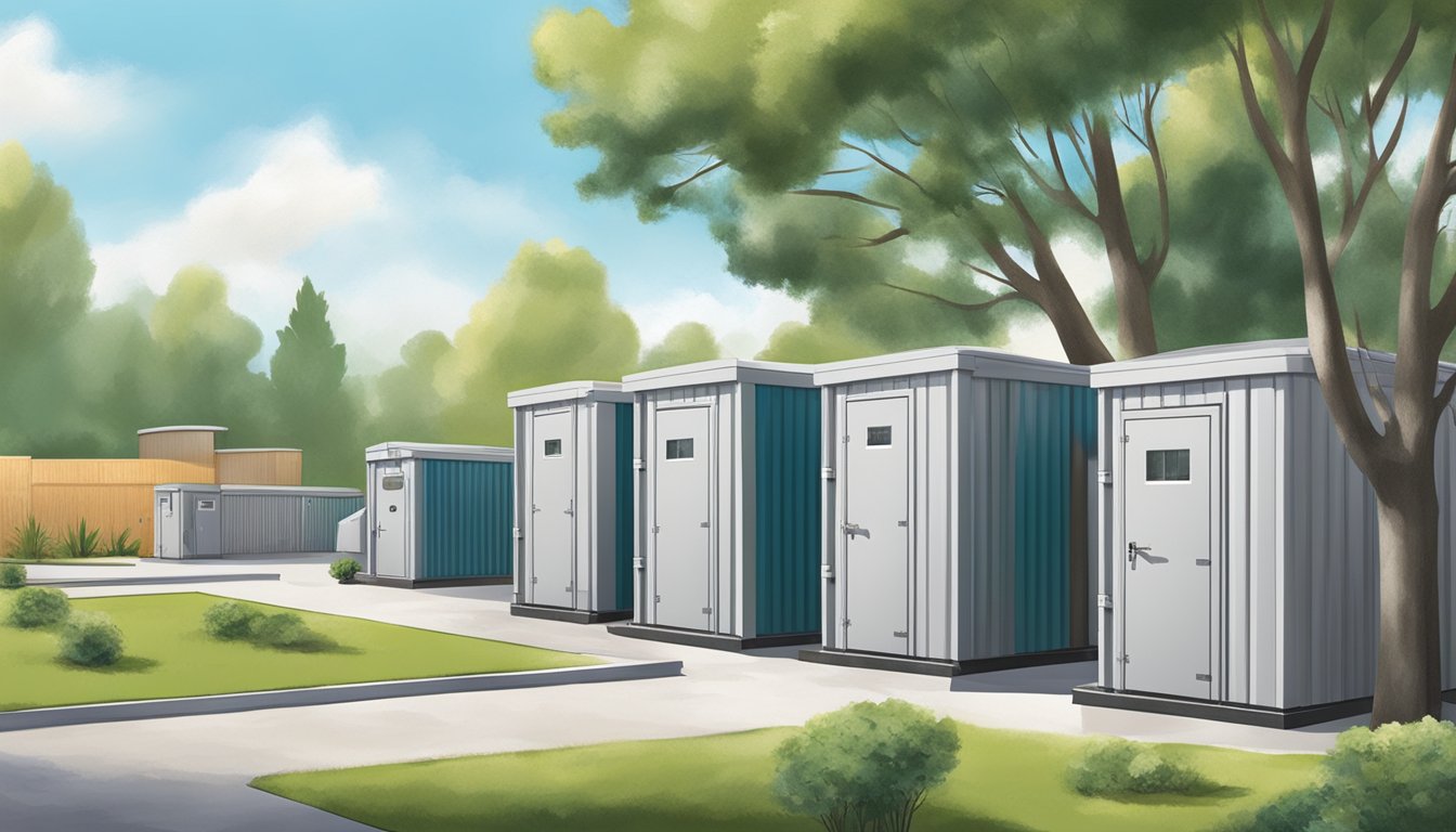 A self-storage facility with rainwater collection tanks, low-flow faucets, and drought-resistant landscaping